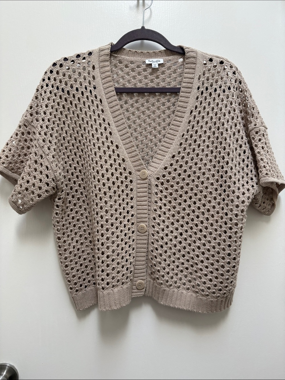 Splendid Open-Knit V-Neck Short Sleeve Cardigan - Taupe - Medium